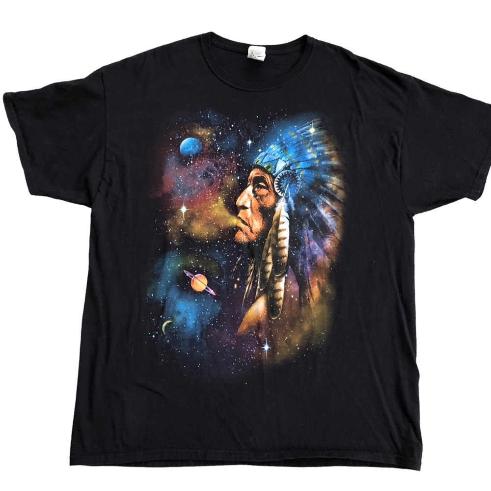Native Indian Chief - psychadelic exhaling universe print  t-shirt 90’s XL